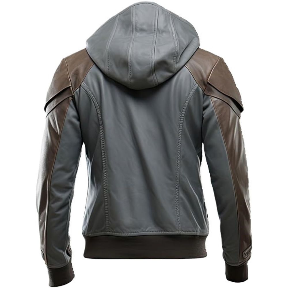 Men’s Grey Hooded Slim-Fit Genuine Sheepskin Biker Leather Jacket