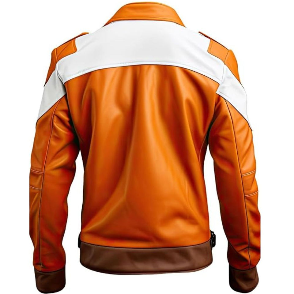 Men's Orange-White Café Moto Racer Genuine Sheepskin Leather Jacket