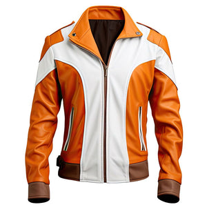 Men's Orange-White Café Moto Racer Genuine Sheepskin Leather Jacket