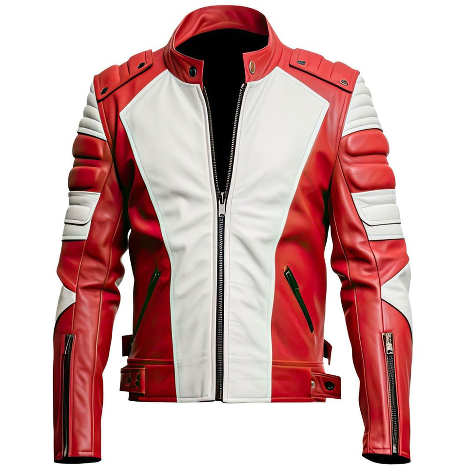 Men's Red Café Racer Genuine Sheepskin Motorcycle Leather Jacket