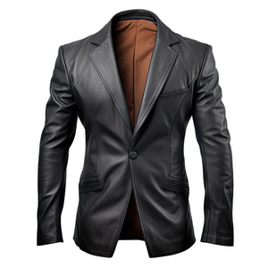 Men's Black Genuine Sheepskin Blazer Notch Lapel collar Leather Coat