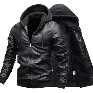 Men's Black Sheepskin Faux Shearling Fur Lining Hoodie Leather Jacket