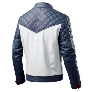 Men’s Navy Blue Grey Genuine Sheepskin Quilted Biker Leather Jacket