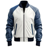 Men’s Blue White Genuine Sheepskin Leather Bomber Jacket