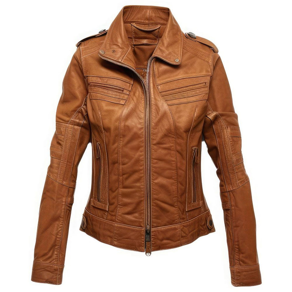 Women's Brown Moto Racer Genuine Sheepskin Biker Leather Jacket