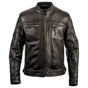 Men’s Brown Stand-up Collar Genuine Sheepskin  Diamond Leather Biker Jacket