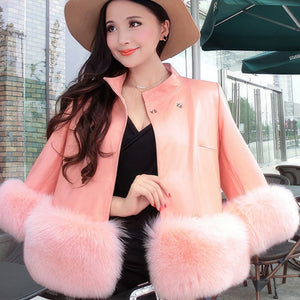 Women’s Pink Faux Shearling Fur Korean-Style Sheepskin Leather Jacket