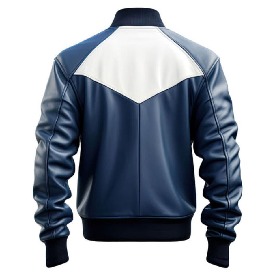 Men’s Blue White Genuine Sheepskin Leather Bomber Jacket