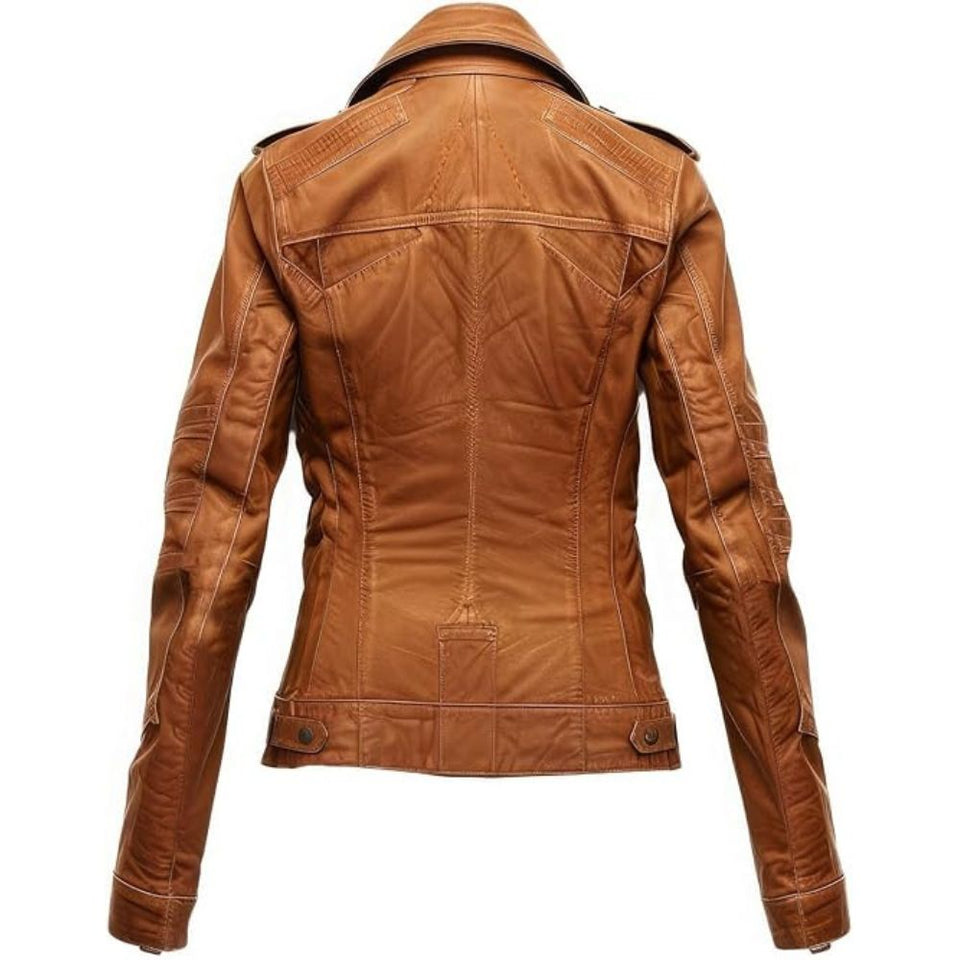 Women's Brown Moto Racer Genuine Sheepskin Biker Leather Jacket