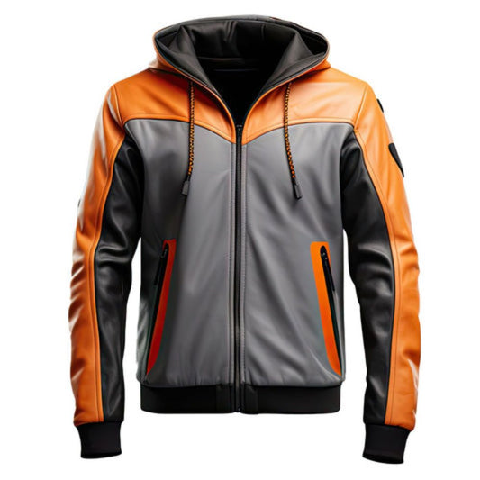 Men’s Grey Orange Hooded Genuine Sheepskin Leather Bomber Jacket