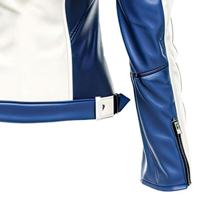 Women’s Classic Blue White Motorcycle Genuine Sheepskin leather jacket