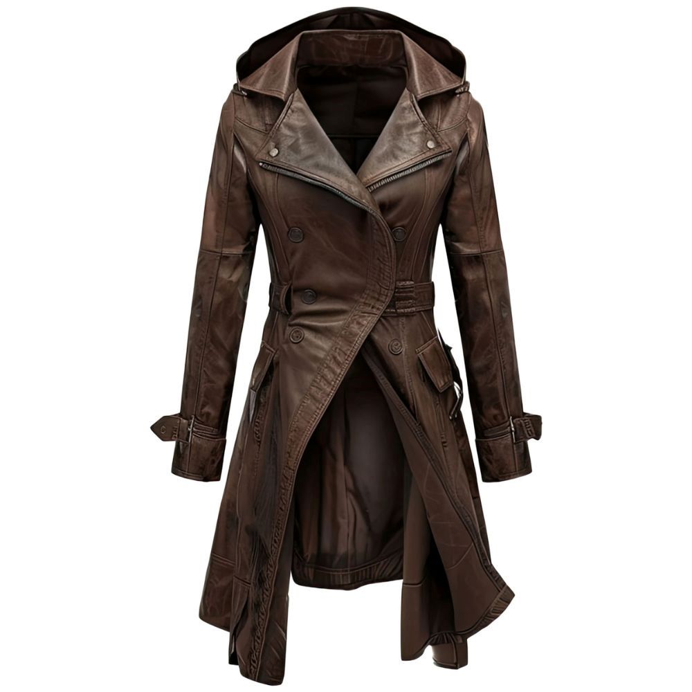 Women’s Brown Vintage Hooded Long Premium Sheepskin Leather Coat