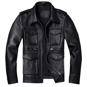 Men's Retro Black Motorcycle Genuine Cowhide Leather Jacket