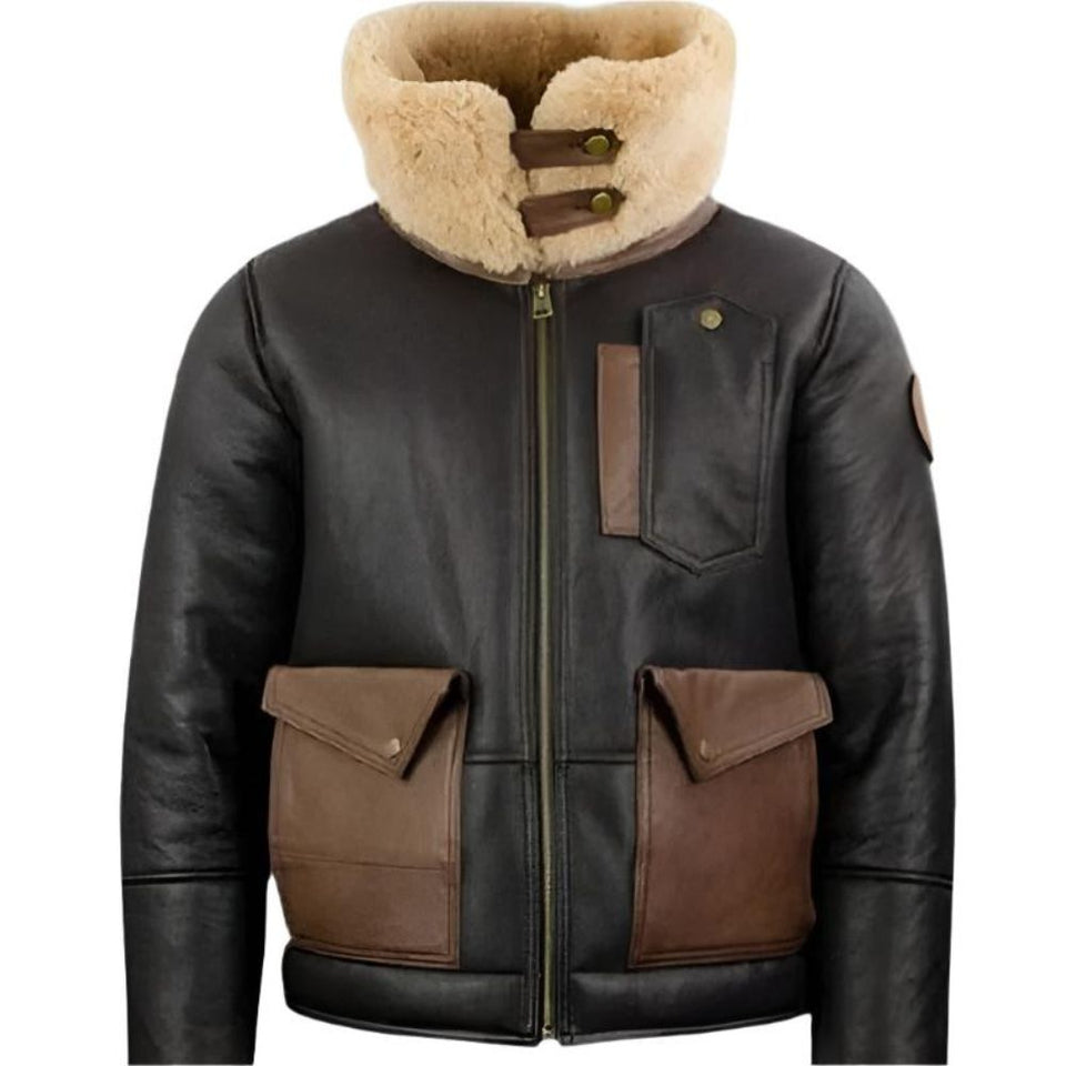 Men's Black Genuine Sheepskin Shearling Lined Bomber Leather Jacket