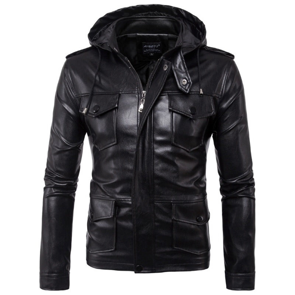 Men's Black Military Inspired Detachable Hoodie Lambskin Leather Jacket