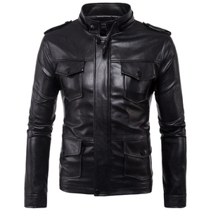 Men's Black Military Inspired Detachable Hoodie Lambskin Leather Jacket