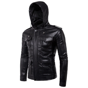 Men's Black Military Inspired Detachable Hoodie Lambskin Leather Jacket