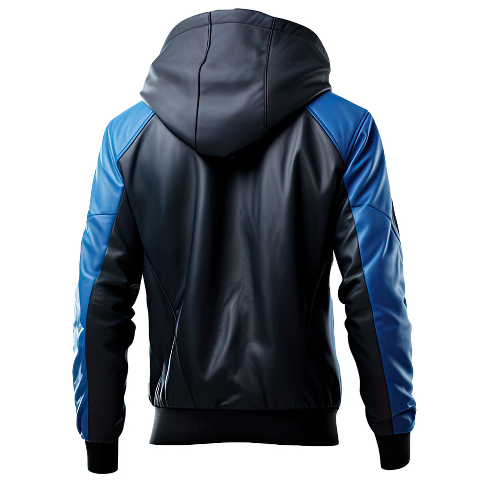 Men’s Blue Genuine Sheepskin Hooded Rib Knit Slim-Fit Leather Jacket