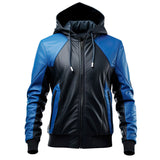 Men’s Blue Genuine Sheepskin Hooded Rib Knit Slim-Fit Leather Jacket