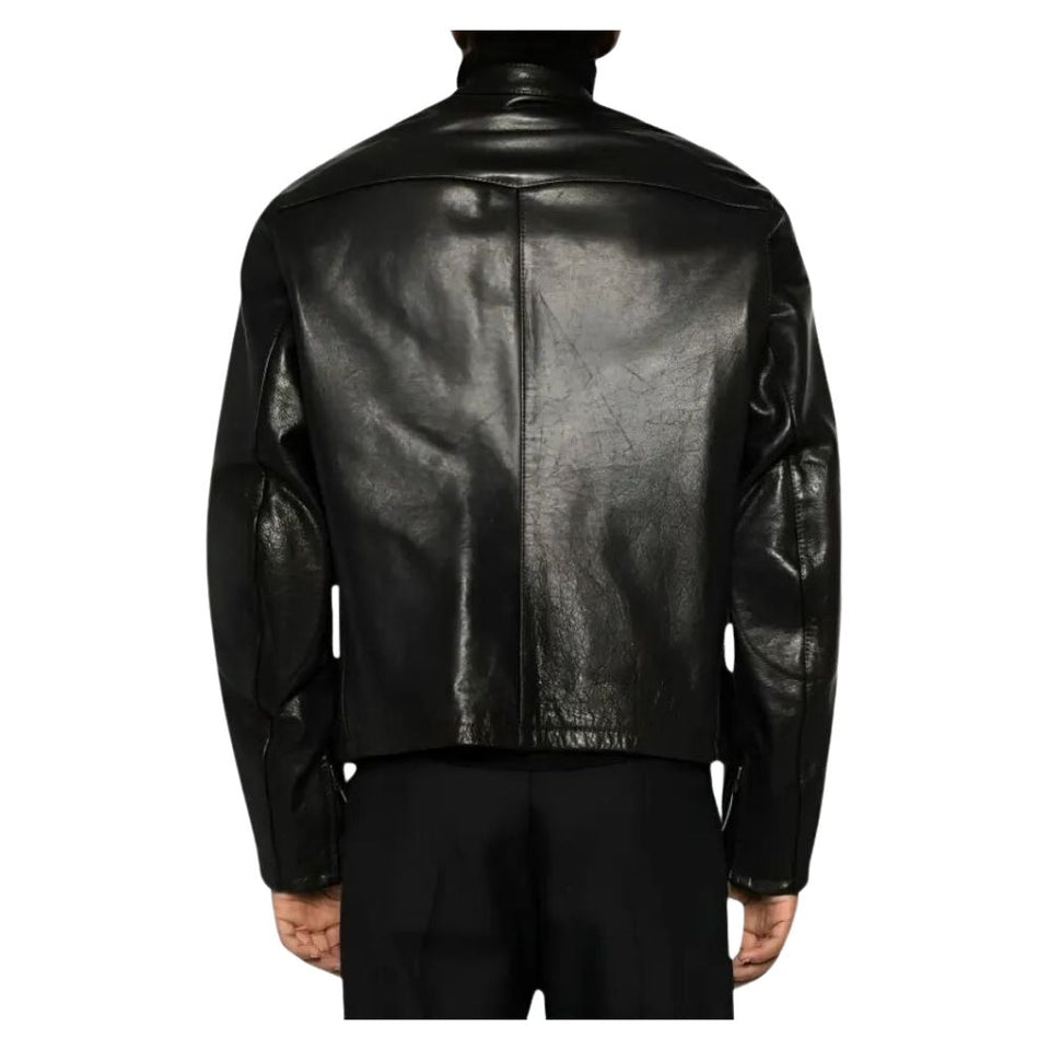 Men’s Classy Black Cafe Racer Genuine Sheepskin Leather Jacket