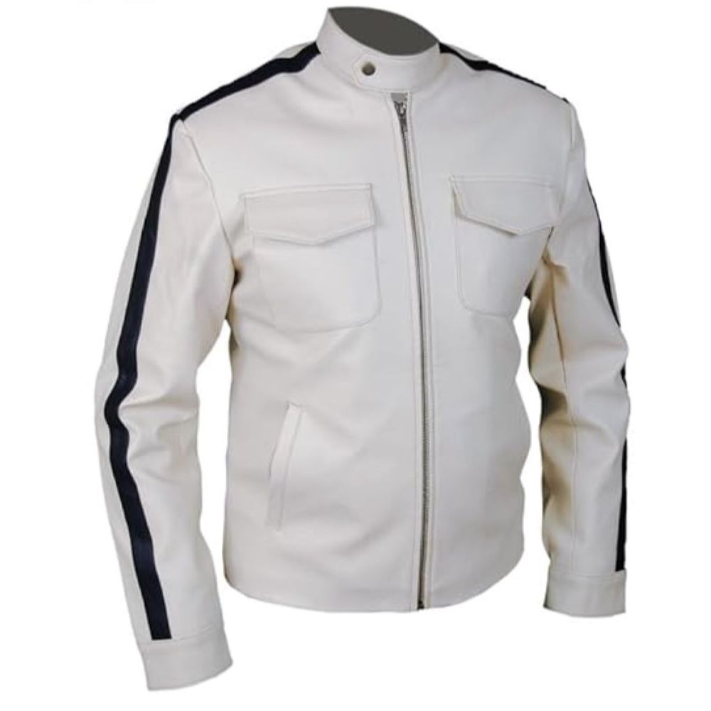 Men's Off-White Blue-Stripe Genuine Leather Motorcycle Jacket
