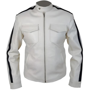 Men's Off-White Blue-Stripe Genuine Leather Motorcycle Jacket