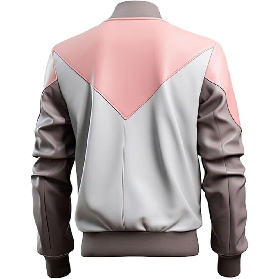 Men's Pink Genuine Lambskin Varsity Rib-Knitted Bomber Leather Jacket