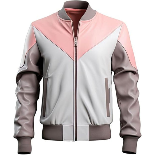 Men's Pink Genuine Lambskin Varsity Rib-Knitted Bomber Leather Jacket