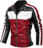 Men’s Red and Black Varsity Stand Collar Cafe Racer Leather Jacket