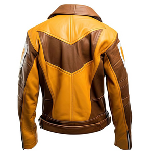 Men’s Brown Yellow Motorcycle Genuine Sheepskin Leather Jacket