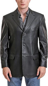 Men's Solid Black Slim-Fit Genuine Sheepskin Leather Coat