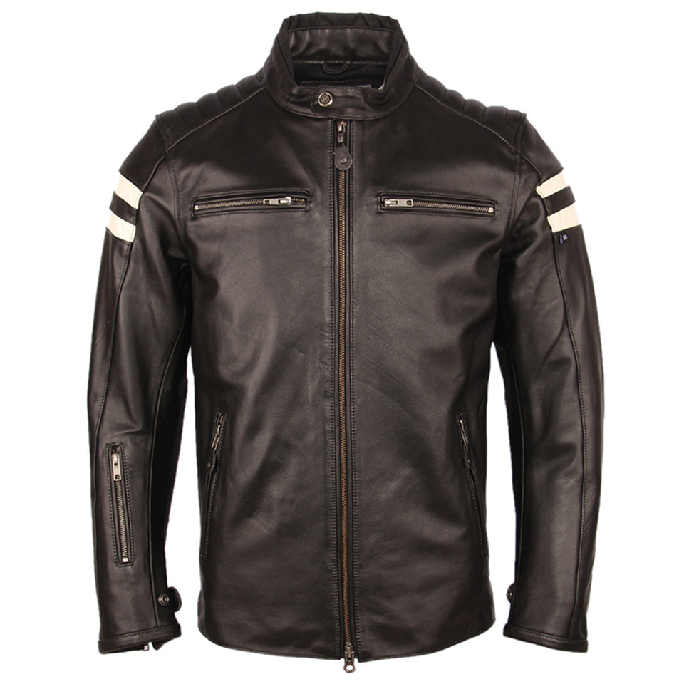 Men's Stylish Cafe Racer White Stripped Black Genuine Leather Jacket