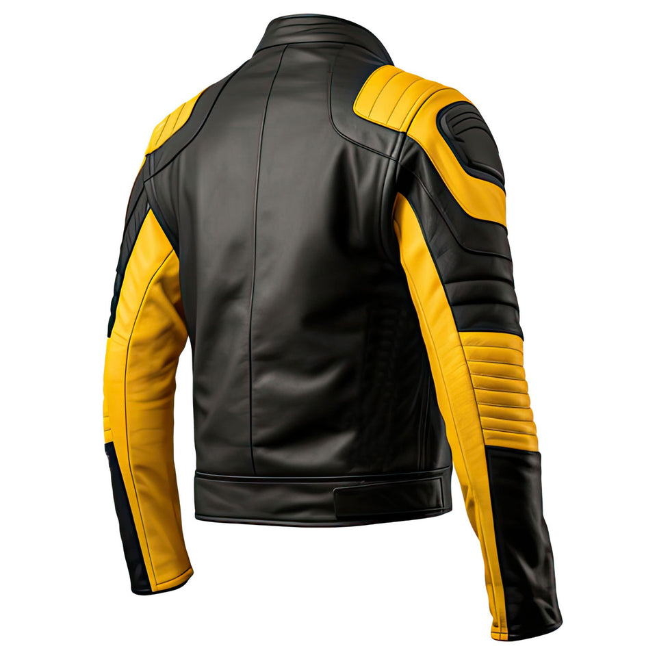 Men’s Yellow Black Genuine Lambskin Quilted Racer Leather Jacket