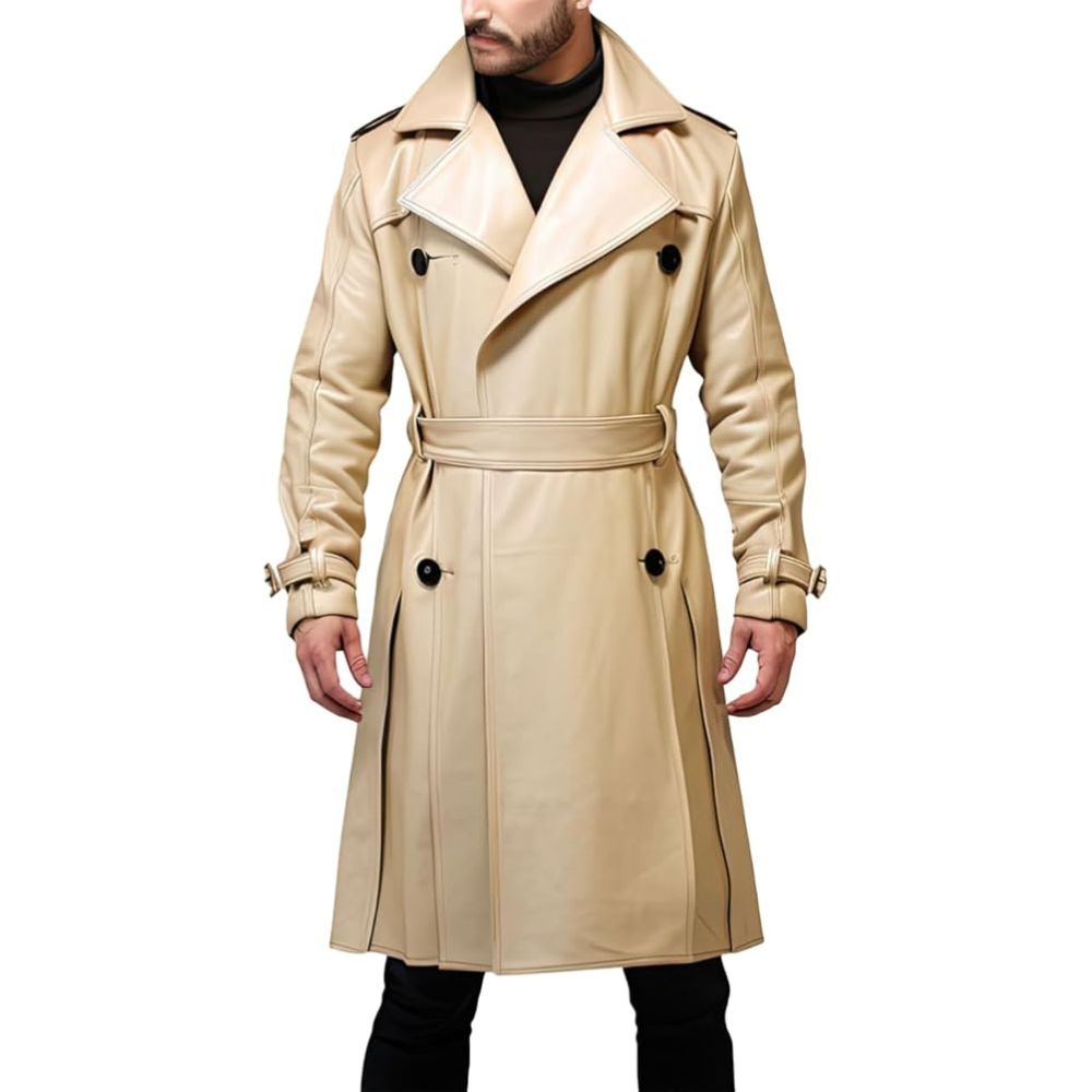 Men’s Beige Brown Versatile Sheepskin Fit  Long Trench Leather Coat