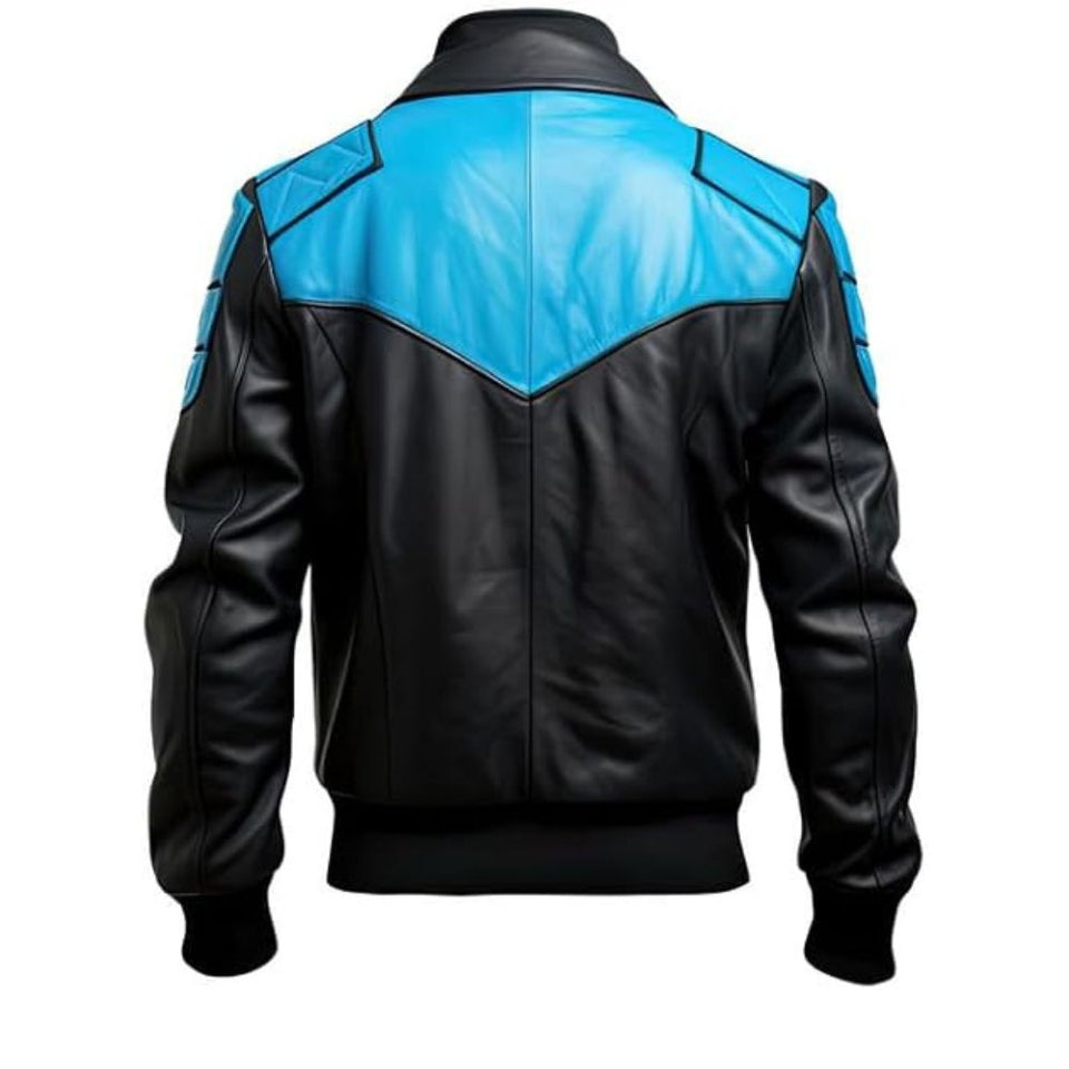 Men's Black Blue Genuine Sheepskin Quilted Bomber Biker Leather Jacket