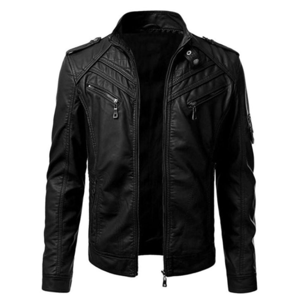 Men’s Black Multi-Pocket Zippered Biker Racer Premium Leather Jacket