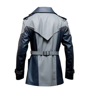 Men's Blue Crossover Lapel Collar Sheepskin Leather Trench Coat