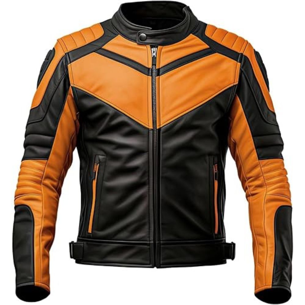 Men's Bold Black Orange Contrast Genuine Sheepskin Biker Style Jacket