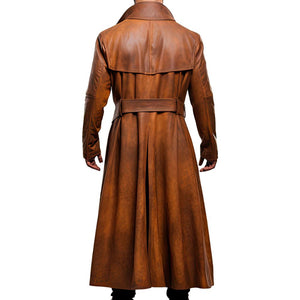 Men’s Distressed Brown Long Fitted Trench Premium Sheepskin Leather Coat