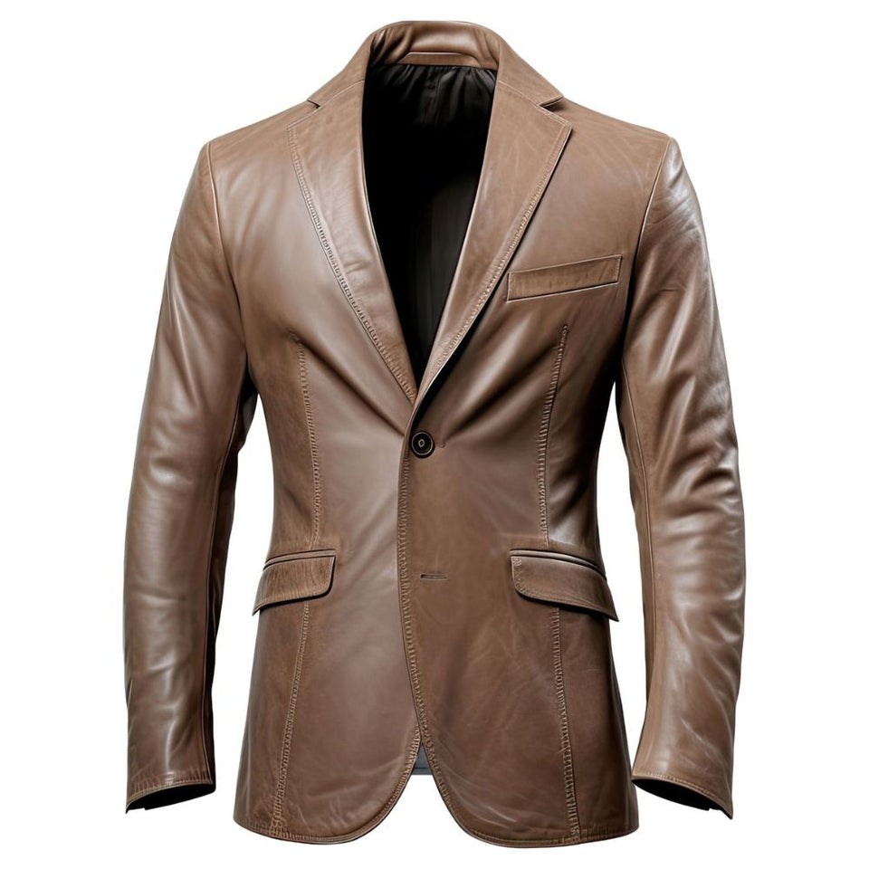 Men’s Brown Notch Collar Two-Button Formal Premium Leather Blazer