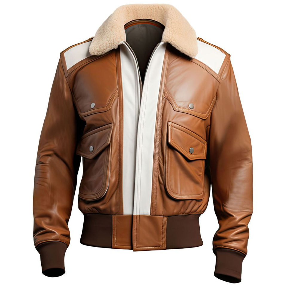 Men's Brown White Panels Aviator Bomber Pure Sheepskin Leather Jacket