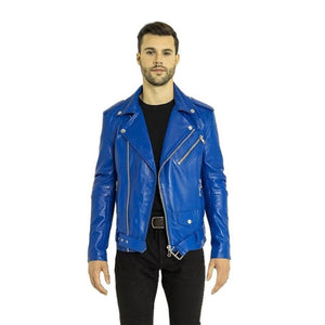 Men's Blue Brando Genuine Sheepskin Motorcycle Leather Jacket