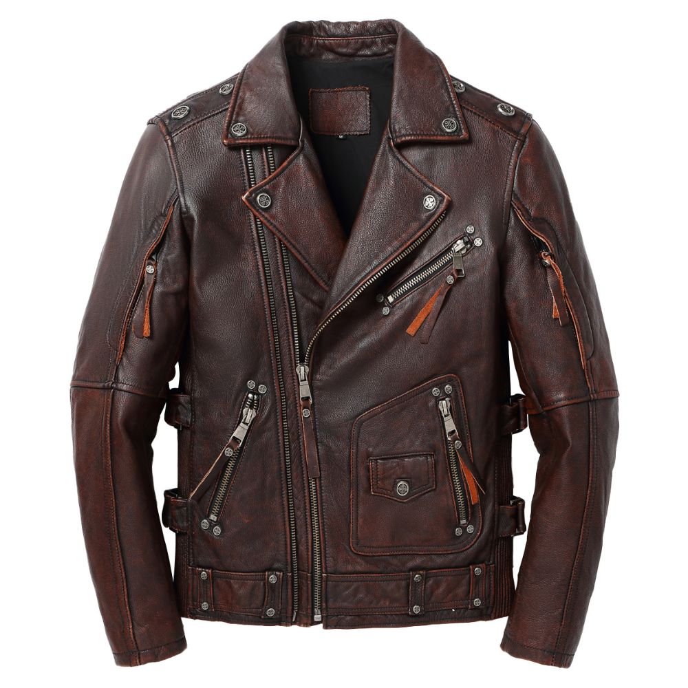 Men’s Distressed Brown Brando Moto Cowhide Genuine Leather Jacket