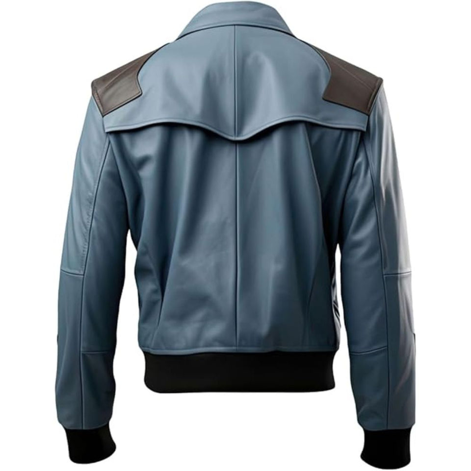 Men's Dusky Blue Flap-Pocket Premium Sheepskin Bomber Biker Leather Jacket