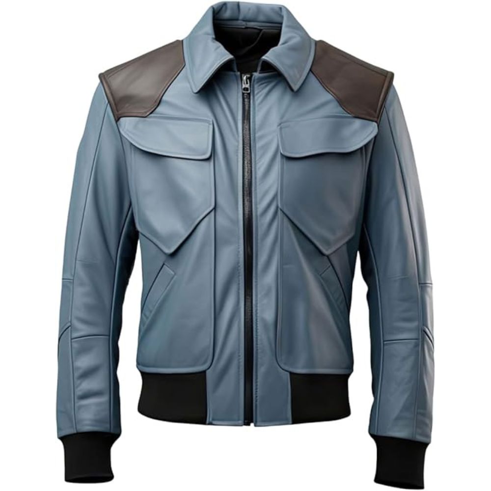 Men's Dusky Blue Flap-Pocket Premium Sheepskin Bomber Biker Leather Jacket