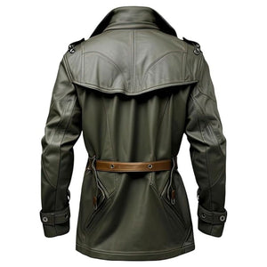 Men's Green Stand Collar Genuine Sheepskin Biker Leather Long Coat