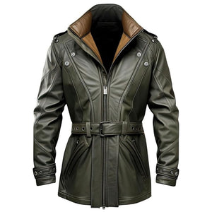 Men's Green Stand Collar Genuine Sheepskin Biker Leather Long Coat