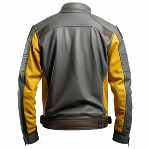 Men's Grey Mustard Genuine Sheepskin Stand Collar Biker Leather Jacket