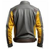 Men's Grey Mustard Genuine Sheepskin Stand Collar Biker Leather Jacket