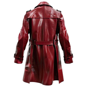 Men’s Distressed Maroon Double-Breasted Sheepskin Trench Leather Coat